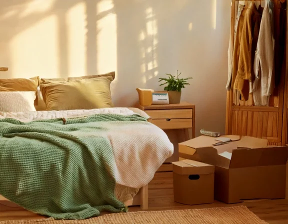 A sunlit bedroom with labelled boxes ready for sorting
