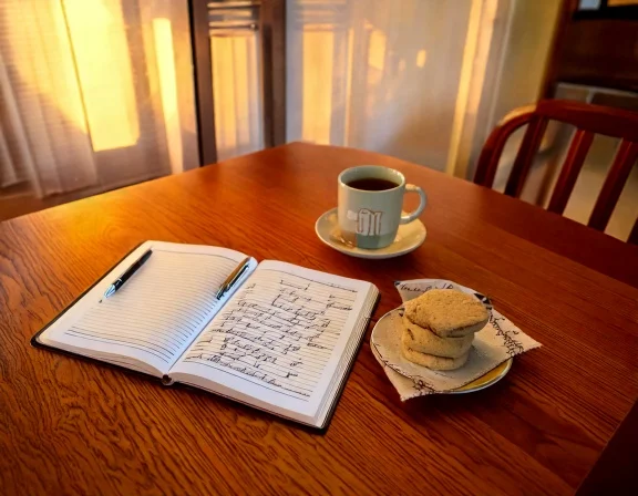PLACEHOLDER-pricing-planning-notebook-v1 A notebook, pen, tea and biscuits on a dining table