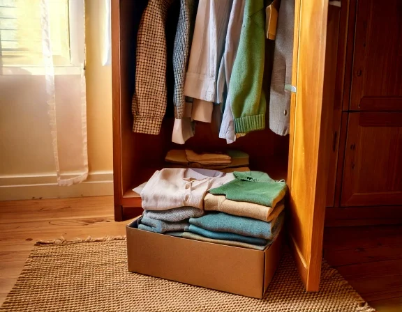 PLACEHOLDER-services-decluttering-wardrobe-v1 An open wardrobe with folded clothes and labelled boxes