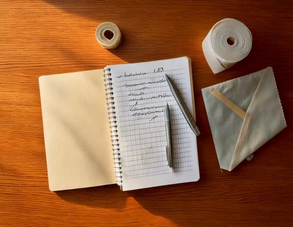 A notebook, pen, tape measure and envelope on a wooden table
