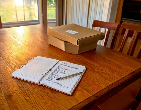 bereavement-inventory-notebook-and-boxes-v1 Labelled boxes beside an inventory notebook on a wooden table