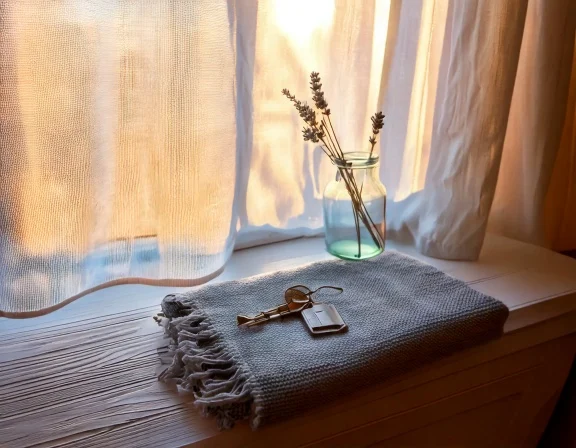 bereavement-morning-windowsill-still-life-v1 House keys, a folded blanket and dried lavender on a windowsill