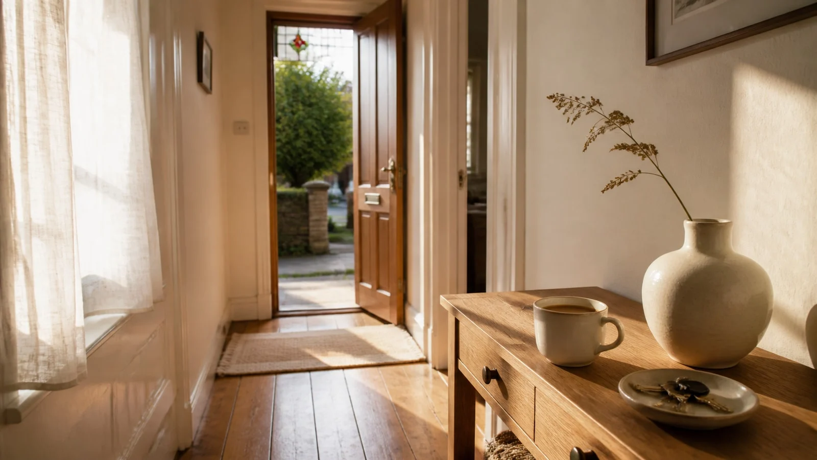 A welcoming hallway with an open door and console table
