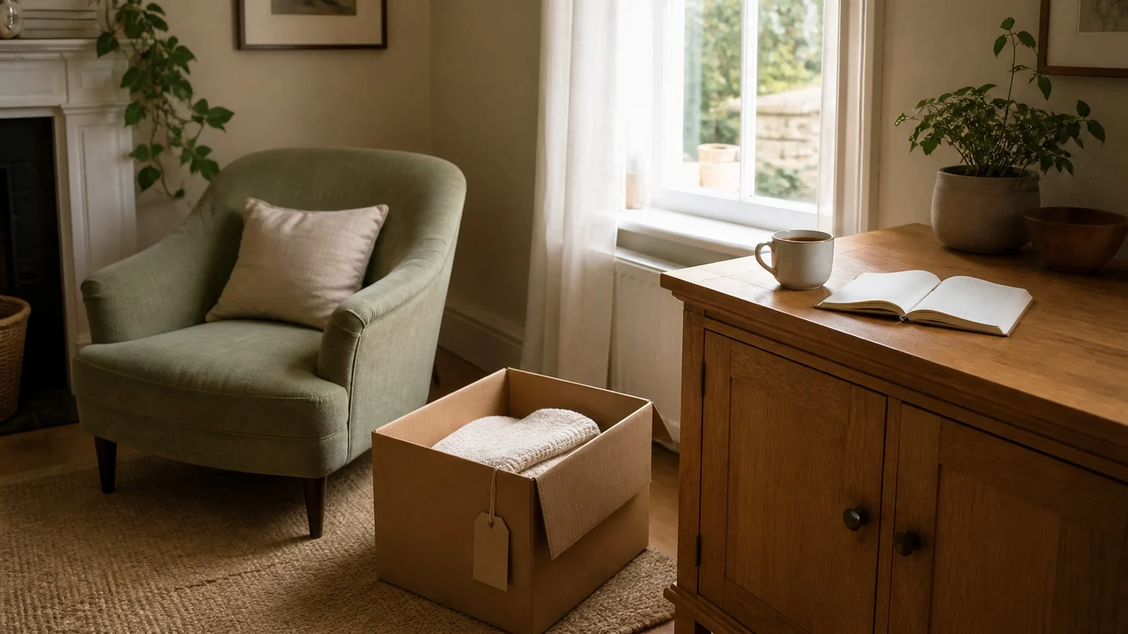 home-hero-mid-declutter-v1 A sitting room with an armchair and an open packing box