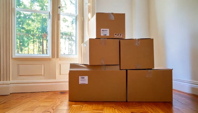services-move-support-labelled-boxes-v1 Stacked moving boxes in a bright empty living room