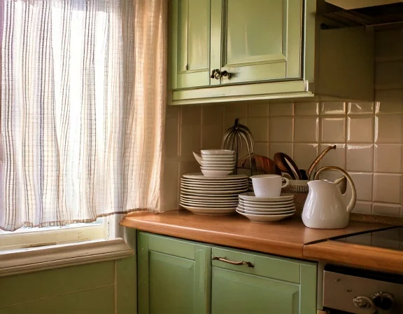 services-new-home-organised-kitchen-v1 An organised kitchen with neatly arranged mugs and plates