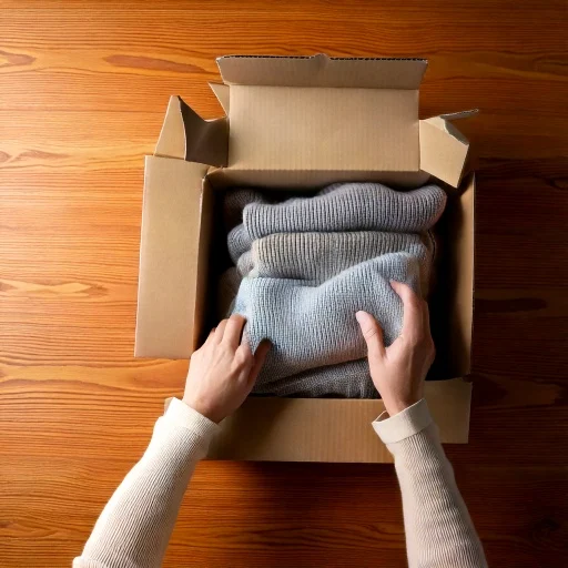 services-strip-hands-labelled-boxes-v5 Hands folding pale textiles into a cardboard box