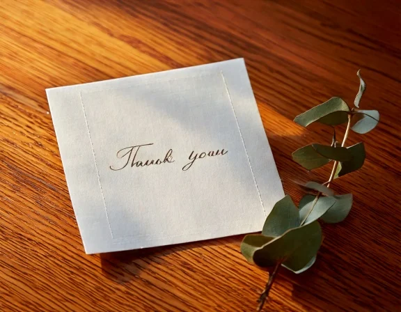 A thank-you card and dried eucalyptus on a wooden table